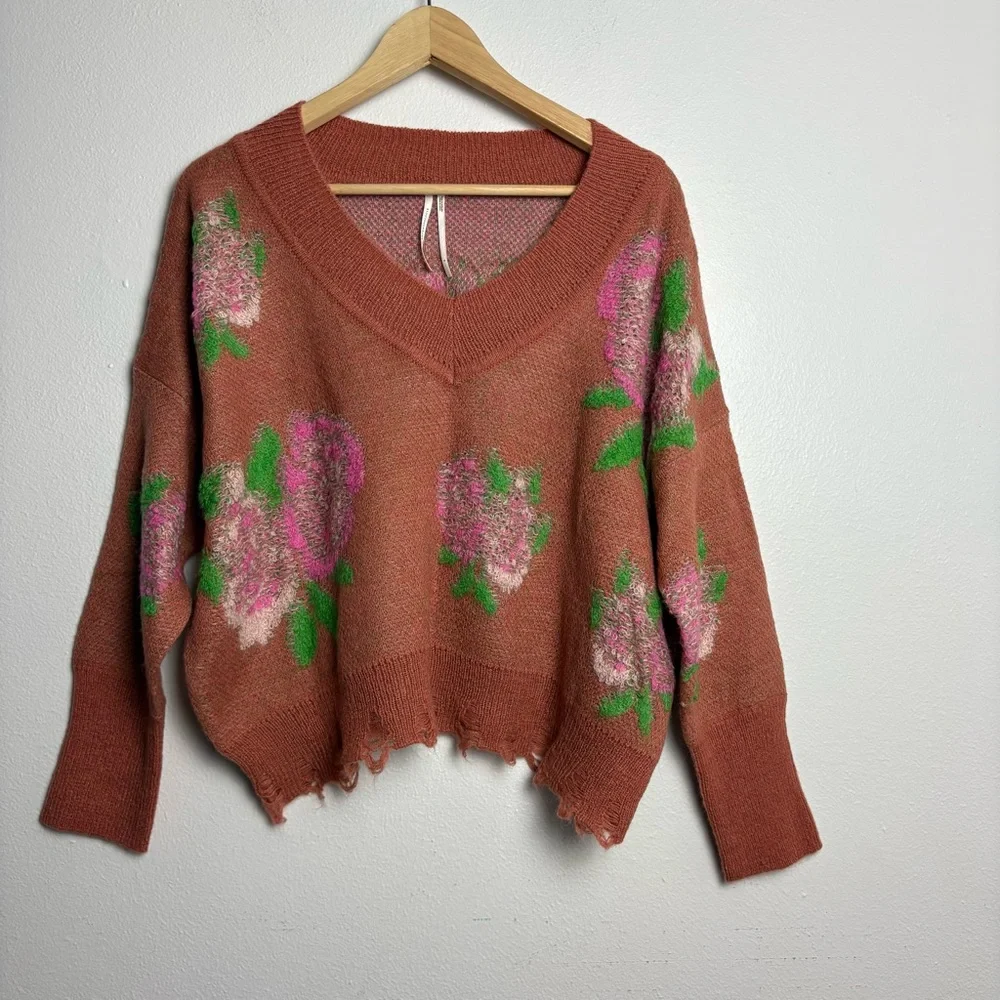 Anthropologie Floral Distressed Drop Shoulder Sweater Size Small - Picture 4 of 15